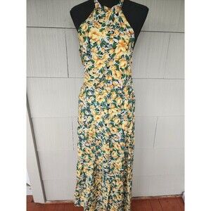 Amasoo  Women's Size Small S Long Maxi Tie Back Dress Yellow Green Floral Print
